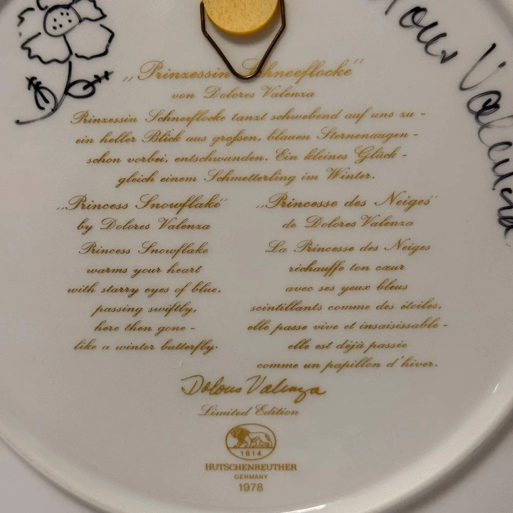 Hutschenreuther 1978 Princess Snowflake Plate Hand Signed Dolores‎ Valenza